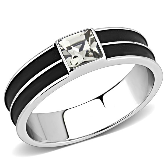 Luxe Jewelry Designs Men's High Polished Stainless Steel Ring with Black Diamond Top Grade Crystal -