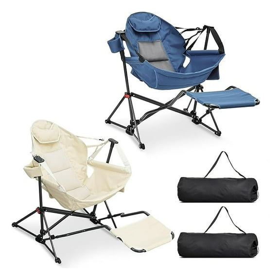 Hammock Camping Chair with Footrest, Heavy Duty Foldable Portable Rocking Hammock Chairs Outside Swinging Camp with Cup Holder Pillow for Outdoor Patio Poolside Beige Dark Blue