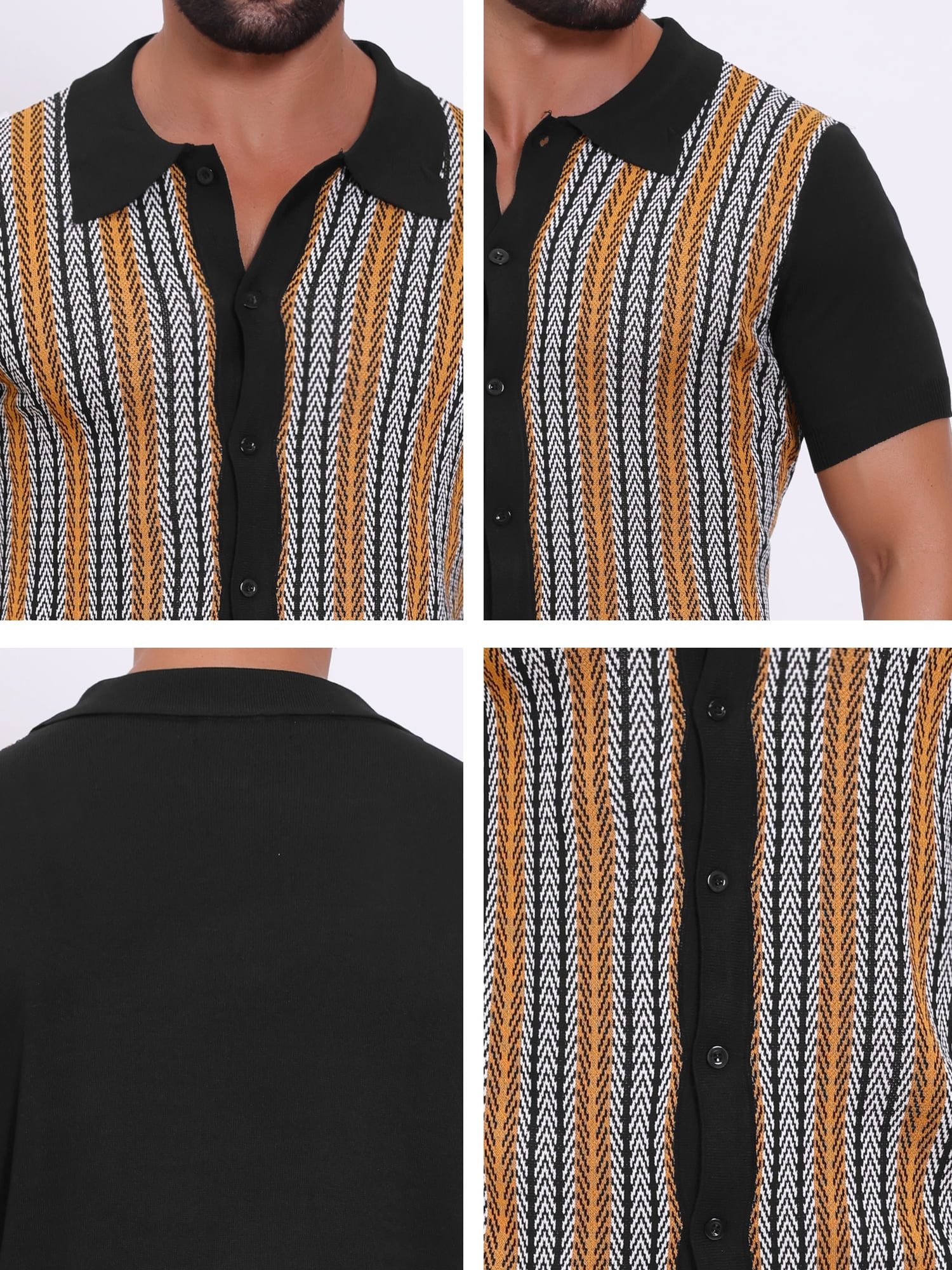 DARING DIVA Men's Striped Short Sleeves Button Down Jacquard Polo Shirts M Black