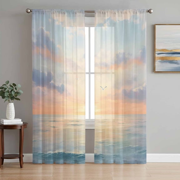 Ocean Sunset Sheer Curtains 96 Inch Length 2 Panels Set, Modern Orange Blue Oil Painting Seagull Voile Window Treatment Semi Sheer Long Curtains Drapes for Bedroom/Living Room/Kitchen 52"x96"x2