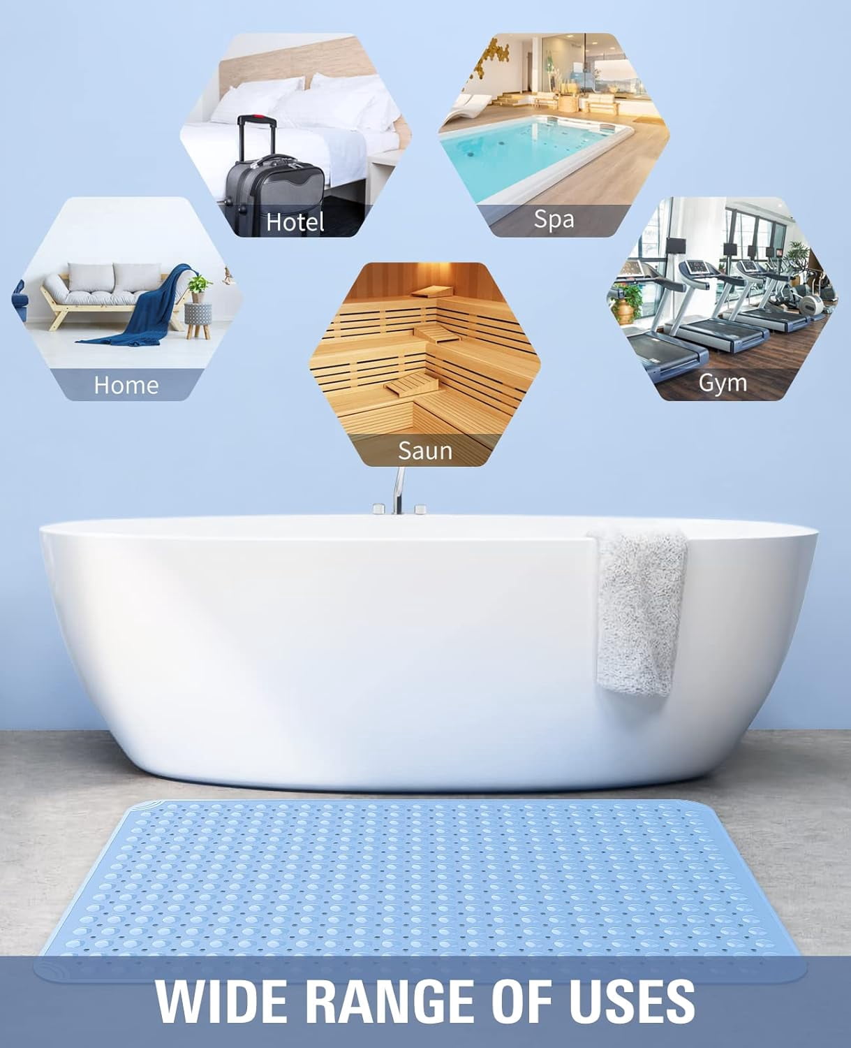 Yolife Extra Large Shower Mat 47.2"x31.5" - TPE Non-Slip Bath Mat/Suction Cups & Drain Holes, Heavy Duty for Shower Stall, Odor-Free,Light Blue