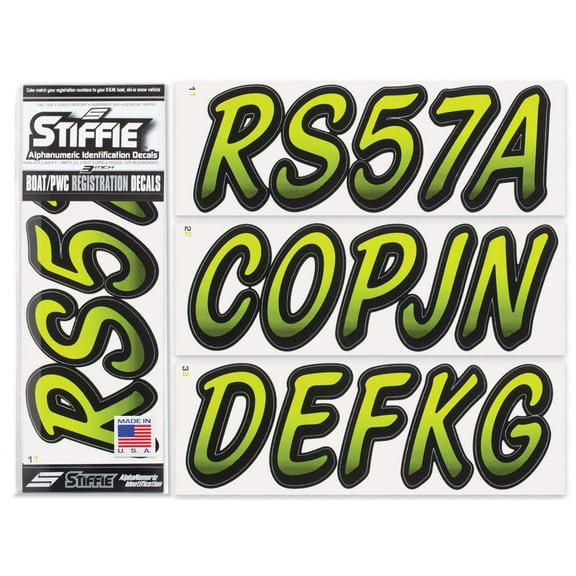STIFFIE Whipline Atomic Green / Black 3" Alpha-Numeric Identification Custom Kit Registration Numbers & Letters Marine Stickers Decals for Boats & Personal Watercraft PWC