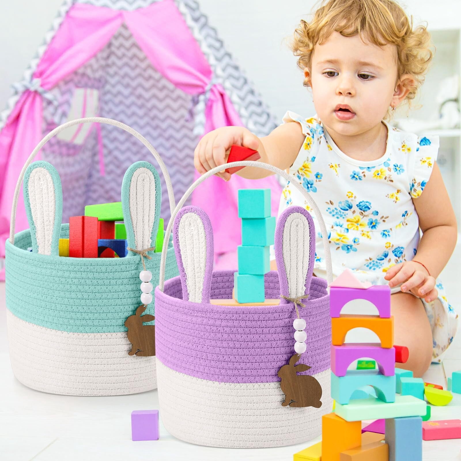 Easter Bunny Basket for Kids, Set of 2 Rabbit Ear Easter Basket with Rabbit Wood Bead Tags, Egg Hunt Bucket for Girls Boys(Yellow White)