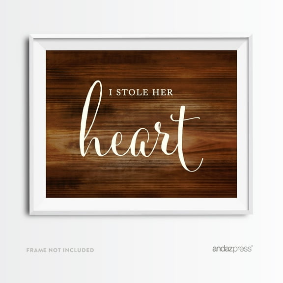 I Stole Her Heart, Stealing His Last Name Brown Rustic Wood Wedding Party Signs, 2-Pack