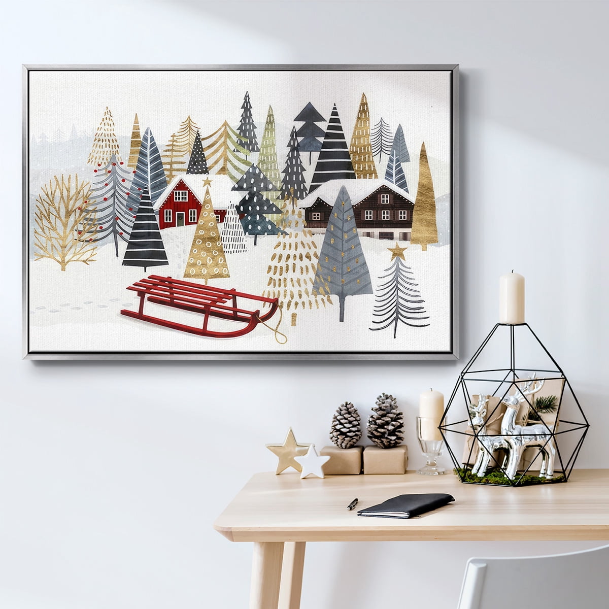 Christmas Chalet Collection A - Framed Gallery Wrapped Holiday Canvas - 27 x 41 - Silver Frame