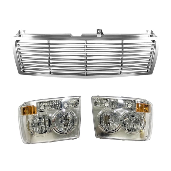 Ikon Motorsports Front Bumper Hood Upper Grille Replacement W/Headlights For 1999-2002 Chevrolet Silverado 1500 2500 4500, Range Rover Style Chrome
