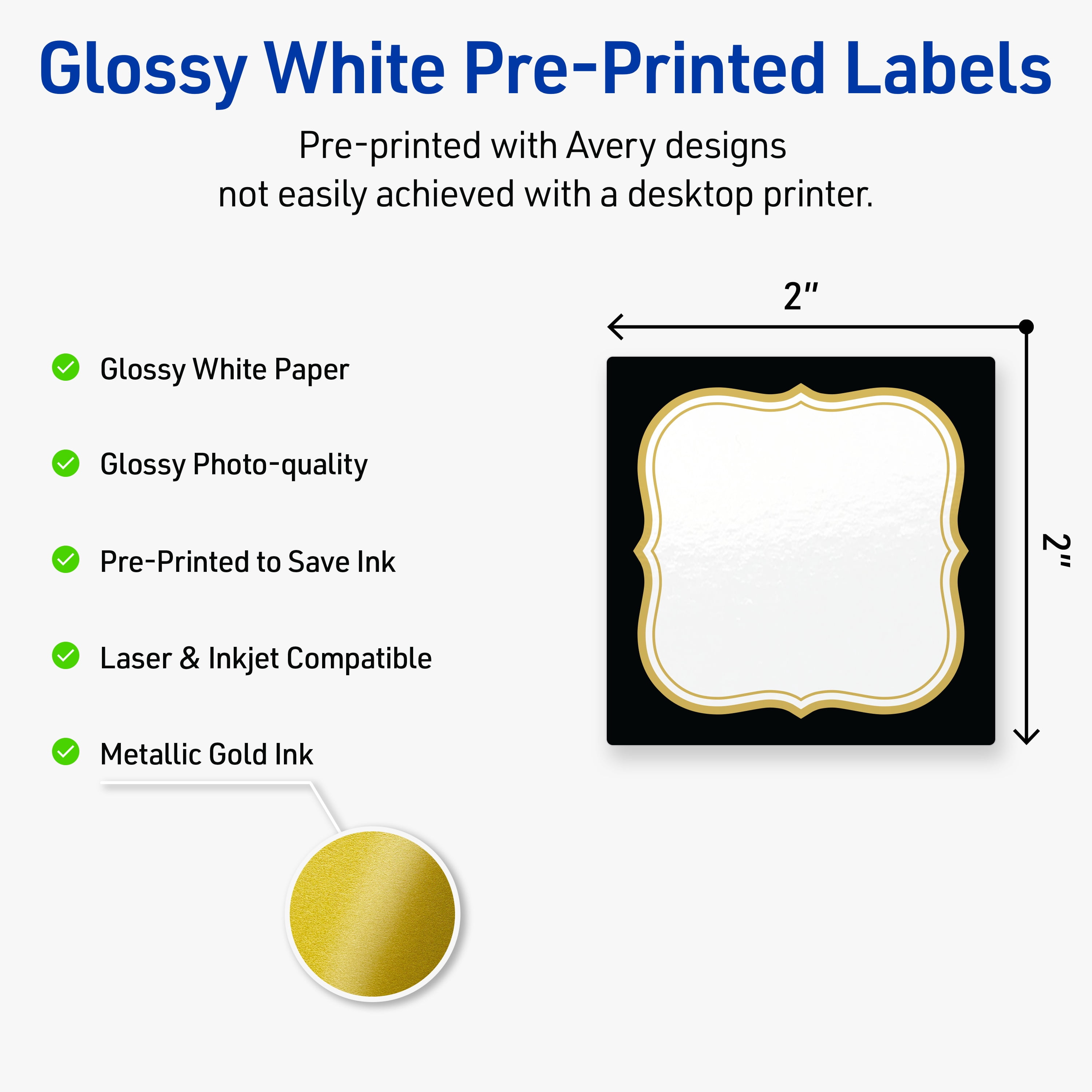 Avery Square Labels, 2" x 2", Black with Gold Flourish, Glossy