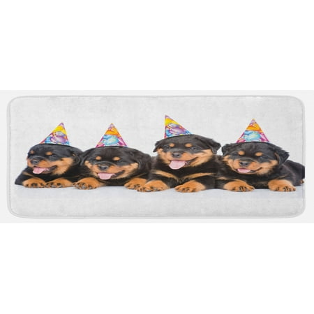 

Birthday Kitchen Mat Rottweiler Pets Party Cone Hats Puppies Dogs Art Print Plush Decorative Kitchen Mat with Non Slip Backing 47 X 19 Marigold and Black by Ambesonne
