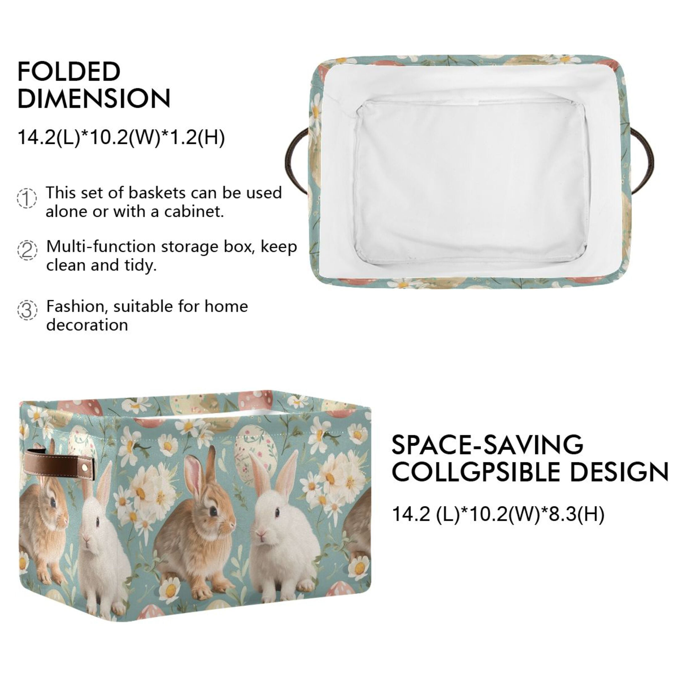 Easter Rabbit Eggs Flower Storage Bins with Handle Fabric Organizer Basket Foldable Box 2 Pack 14.2x10.2x8.3