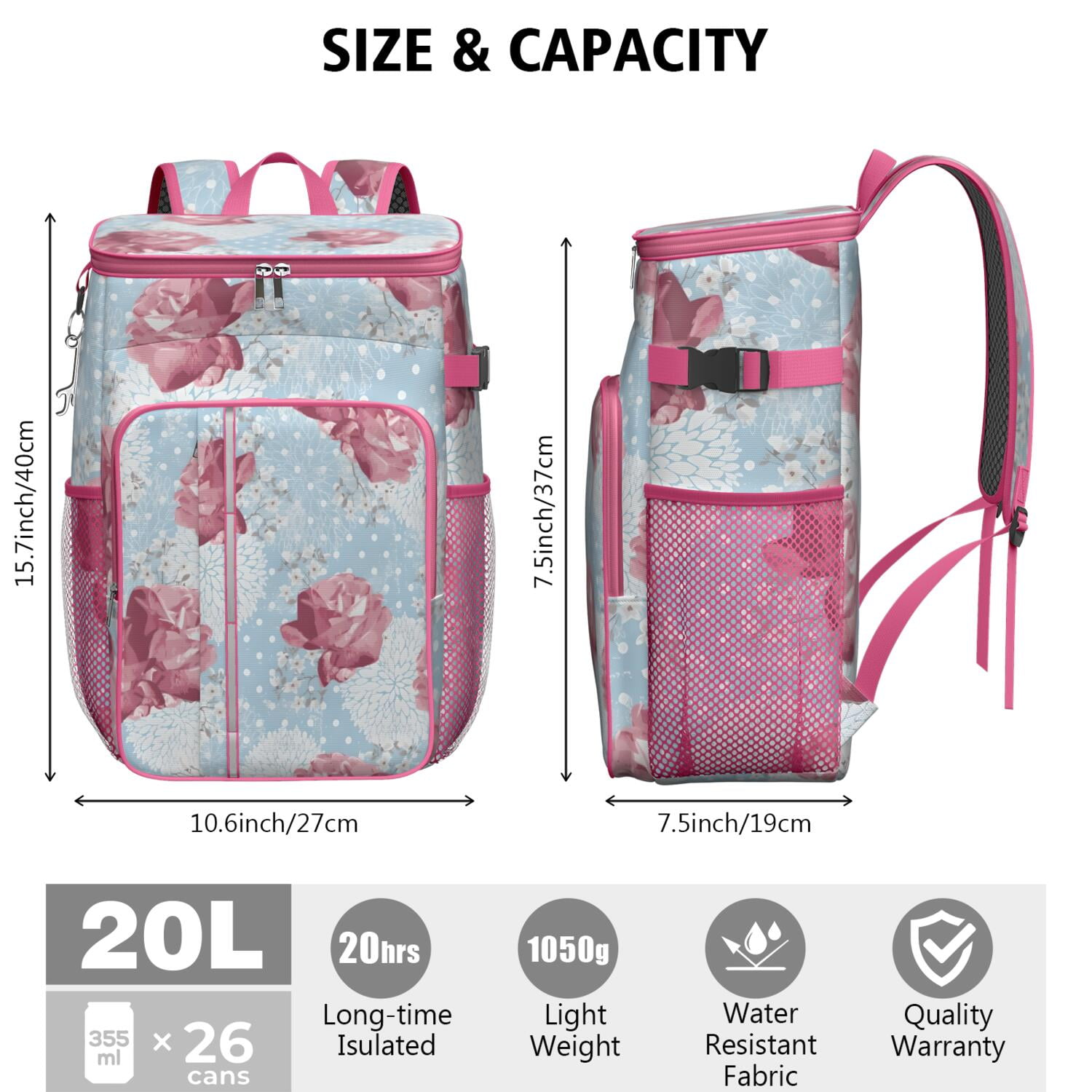 Travel Cooler Bag - Pioneer Flower Floral Print Pattern Camping Beer Cooler Backpack with Bottle Opener- Waterproof Insulated Picnic Backpacks - Cooler Bag for Beach