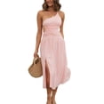 thumbnail image 2 of Lucakuins, vestido midi de verano para mujer, color sólido/estampado floral, correa de espagueti, lazo cruzado, sin espalda, vestido sin mangas, vestido de fiesta con abertura a la moda Lucakuins moda, 2 of 9
