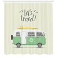 thumbnail image 3 of Camper Shower Curtain, Let's Travel Quote with Vintage Hippie Van Surfboard and Flower Motif, Fabric Bathroom Set with Hooks, 69W X 75L Inches Long, Ivory Pale Green Yellow, by Ambesonne, 3 of 3