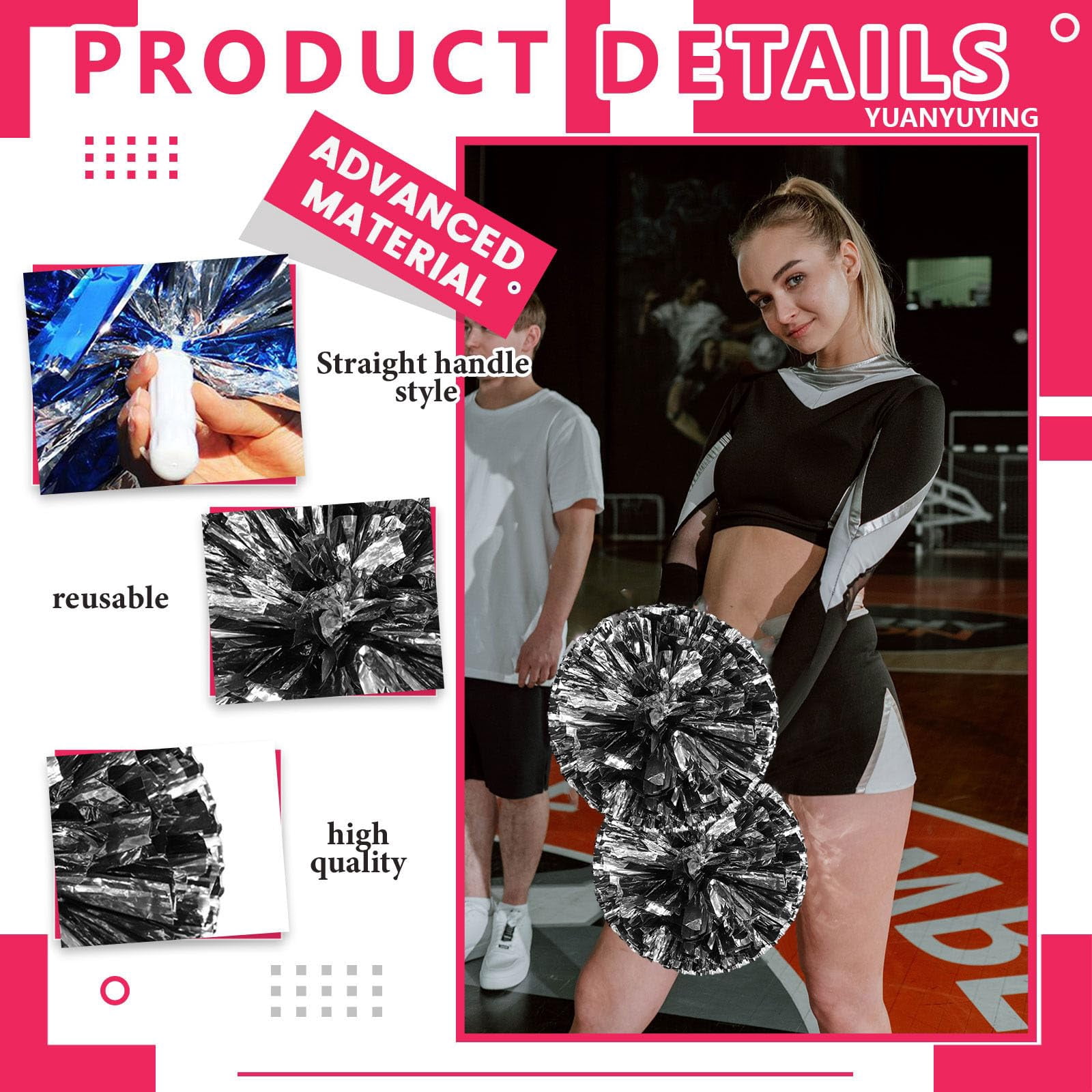 Cheerleading Pom Poms 18 Pcs with Straight Handle, Handheld Squad Pompoms for Sports Team Cheer Spirit Games, Dance Party Adults