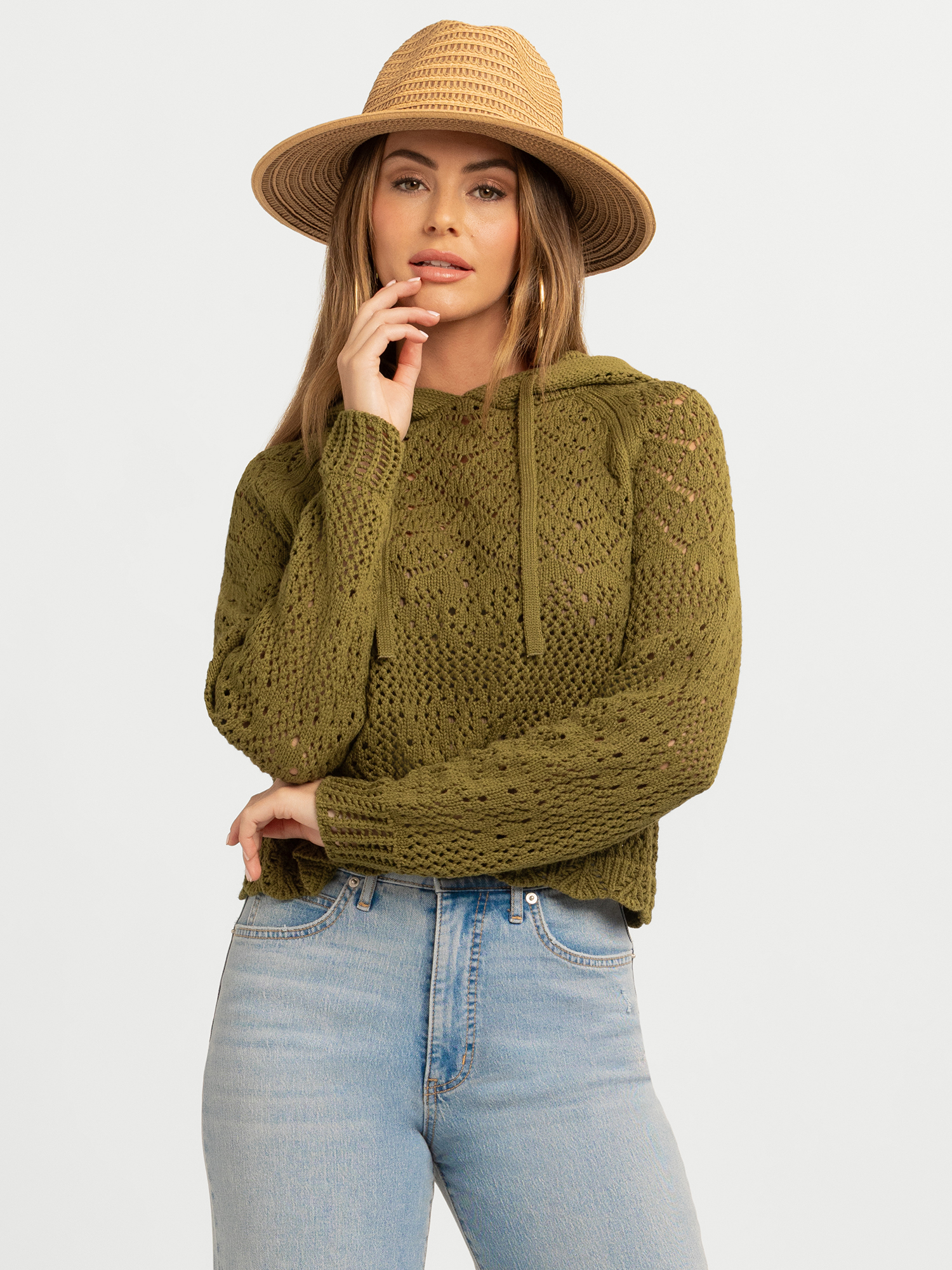 Jessica Simpson Women's Mikaela Pointelle Hoodie Sweater with Long Sleeves, Lightweight, Sizes XS-XL