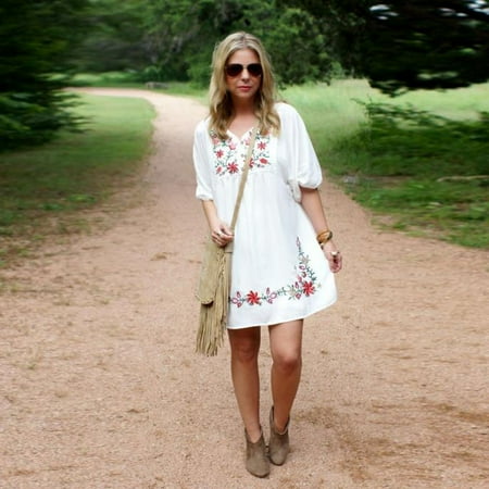 - Women Mexican Ethnic Embroidered Pessant Hippie Blouse Gypsy Boho Mini Dress M