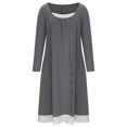 thumbnail image 6 of Casual Crew Neck Dress for Women Midi Dress Long Sleeve Pullover Cocktail Dresses Patchwork Pleated Solid Color Button Dress, 6 of 6