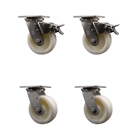 5 Inch 316 Stainless Steel Nylon Swivel Caster Set with Ball Bearing 2 Brake SCC