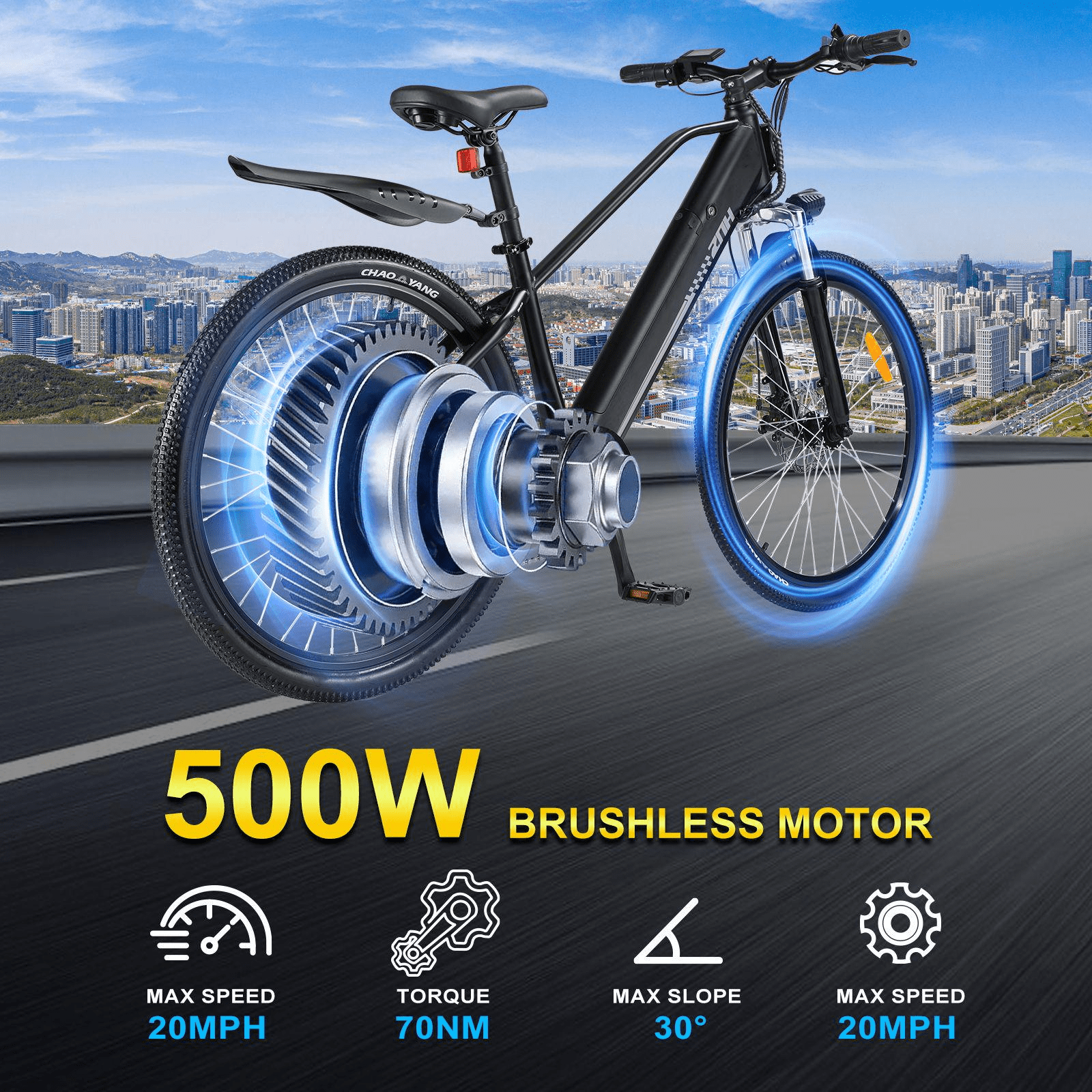 ZNH Electric Bike for Adults, 500W Motor, 26" Commuting E-Bike with Hidden 374.4Wh Battery, 7-Speed Gear, LCD Display, UL 2849