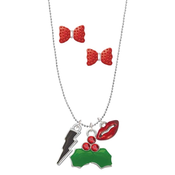 Delight Jewelry Silvertone Black Lightning Bolt Christmas Kiss Charm Necklace and Stud Earrings