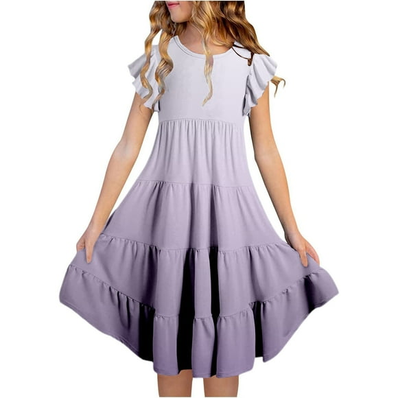 Robes Décontractées pour Filles Juniors Été Dégradé Imprimé Col Rond Manches Volantes Superposées Ligne A Décontractée Respirante Robe de Fête d'Anniversaire Usage Quotidien, Violet, 14-15 Ans