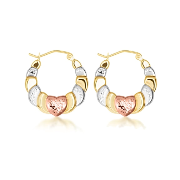 10K Tri Color Gold Heart Hoop Earrings