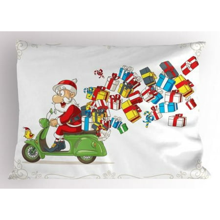 Pillow Retail Package - Santa Pillow Sham Jolly Fun Delivery with Speeding Santa Claus on a Scooter and Scattered Packages, Decorative Standard Size Printed Pillowcase, 26 X 20 Inches, Multicolor, by Ambesonne
