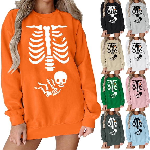 WEIWEN Halloween Sweatshirts for Women Oversized X-Ray Skeleton Printed Maternity Sweaters Pregnancy Announcement Shirts Tops Womens Fall Fashion Clothing Orange, S