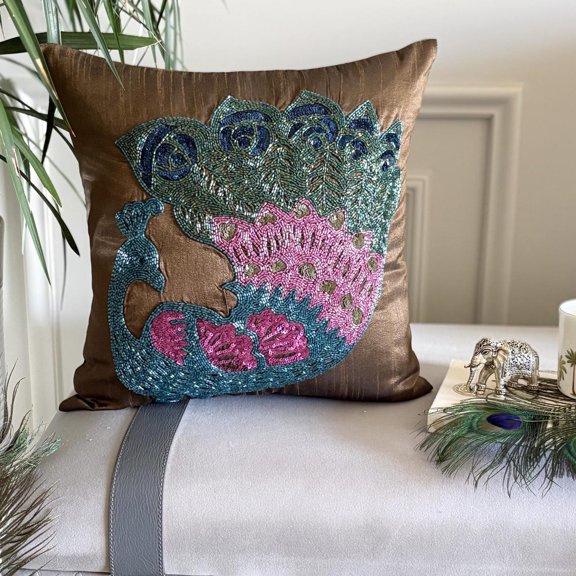 Pillow Covers, Decorative Brown Designer Throw Pillow Covers 16x16 inch (40x40 cm), Silk Throw Pillows For Couch, Birds, Peacock, Beaded, Traditional Accent Pillow - Blue Peacock