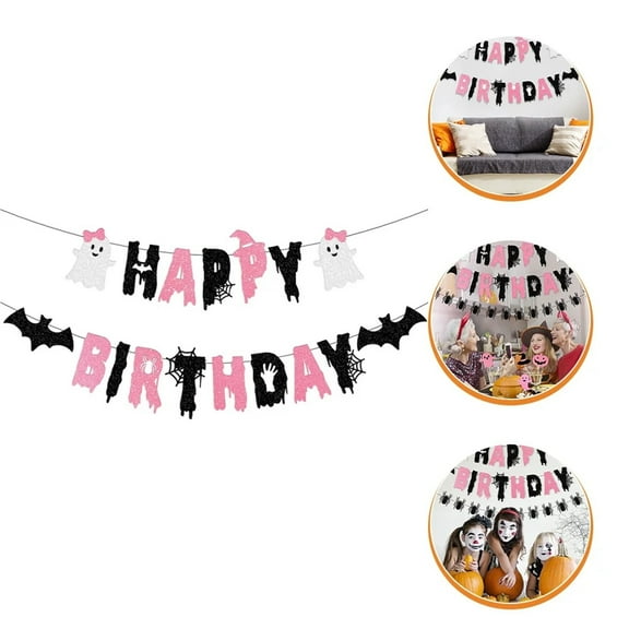Halloween Birthday Party Banner - Spooky Ghost Theme Pull String Flag Decorations, Multi-Color Paper Bunting for Indoor/Outdoor Decor (1 Set)