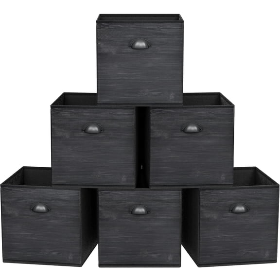 Fabric Cube Storage Organizer Bins, 12x12 Inch Black Wood Grain Printing Storage Cubes, Closet Cloth Baskets Box For Shelves, Set of 6