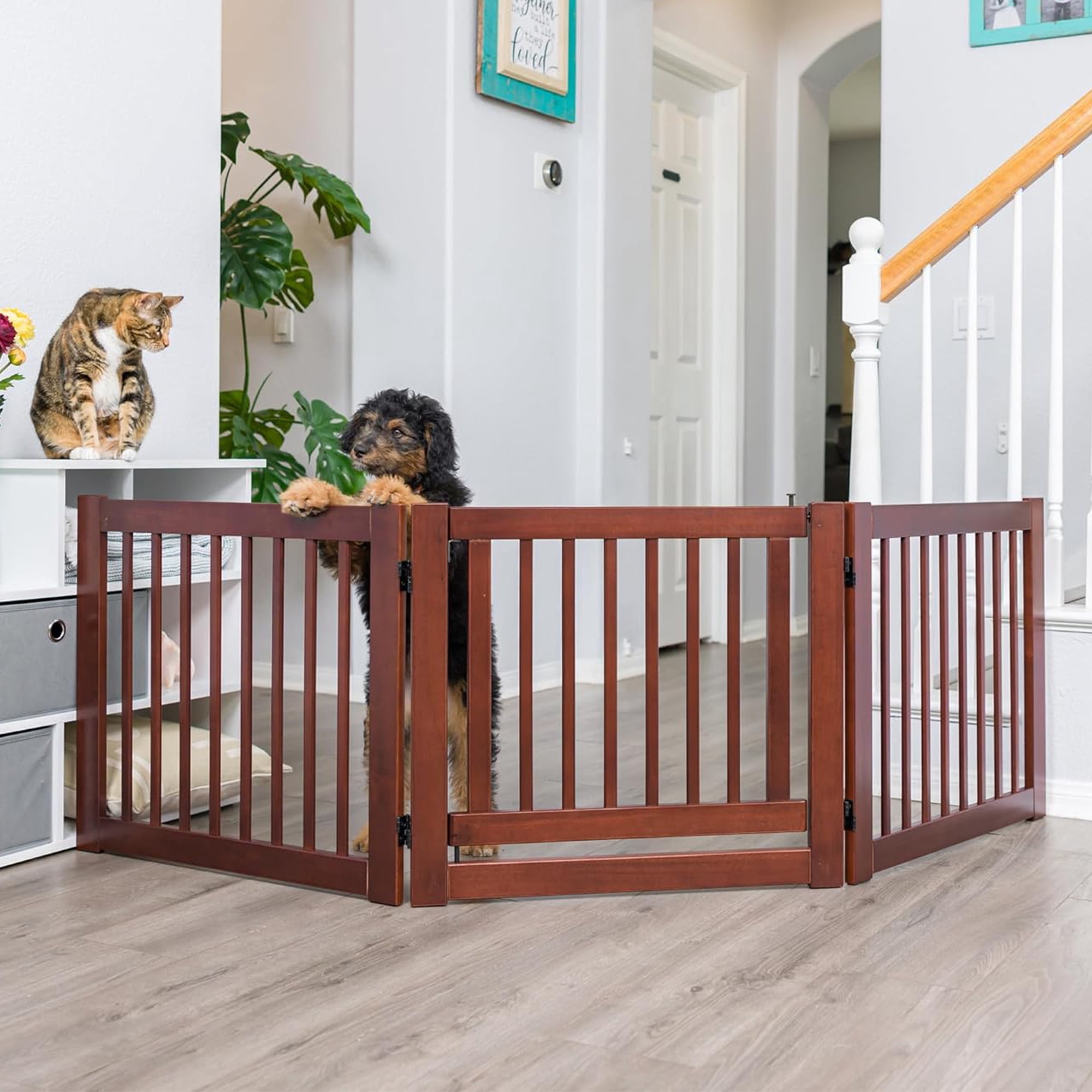 Pefilos 81" 3 Panel Freestanding Pet Gate Wooden Folding Fence for Doorways, Stairs Step Over Divider for Dogs and Puppies, Brown