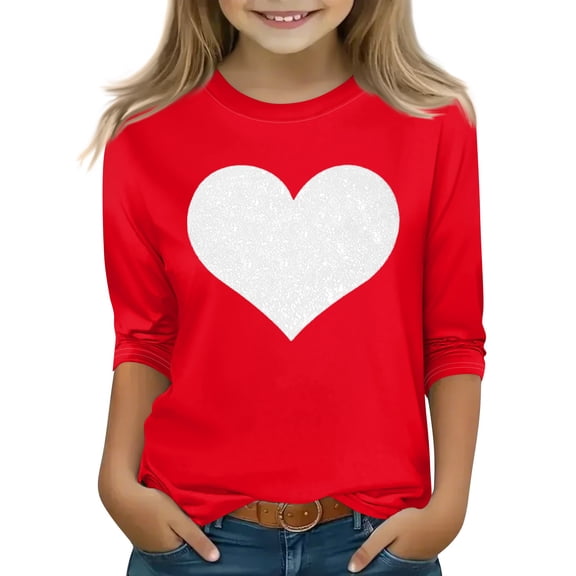 CCRFTGI Valentine's Day 3/4 Sleeve Shirts for Girls Size 10-12 Cute Love Heart Print T-Shirt Girls Fashion Crew Neck Tee Shirts Soft Fall Spring Outfit Pink 4-5Y