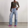 thumbnail image 4 of Niche Design Jeans Light Blue Workwear Women's Destroyed Design High Waist Loose Ripped Trousers, 4 of 4