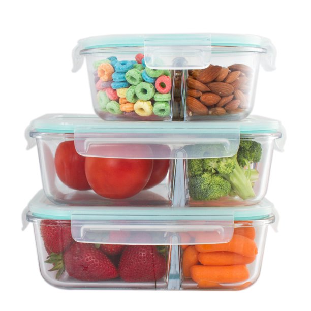 3 Pack 3 Divider Compartment Glass Meal Prep Container With Snap