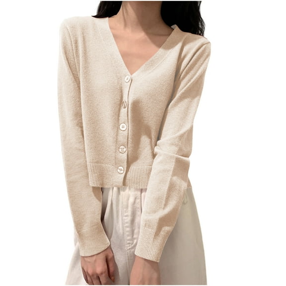 Arnsht Womens Solid Color Deep V Neck Cardigan Sweaters Open Front Button Down Long Sleeve Cropped Knit Coats Beige Free Size