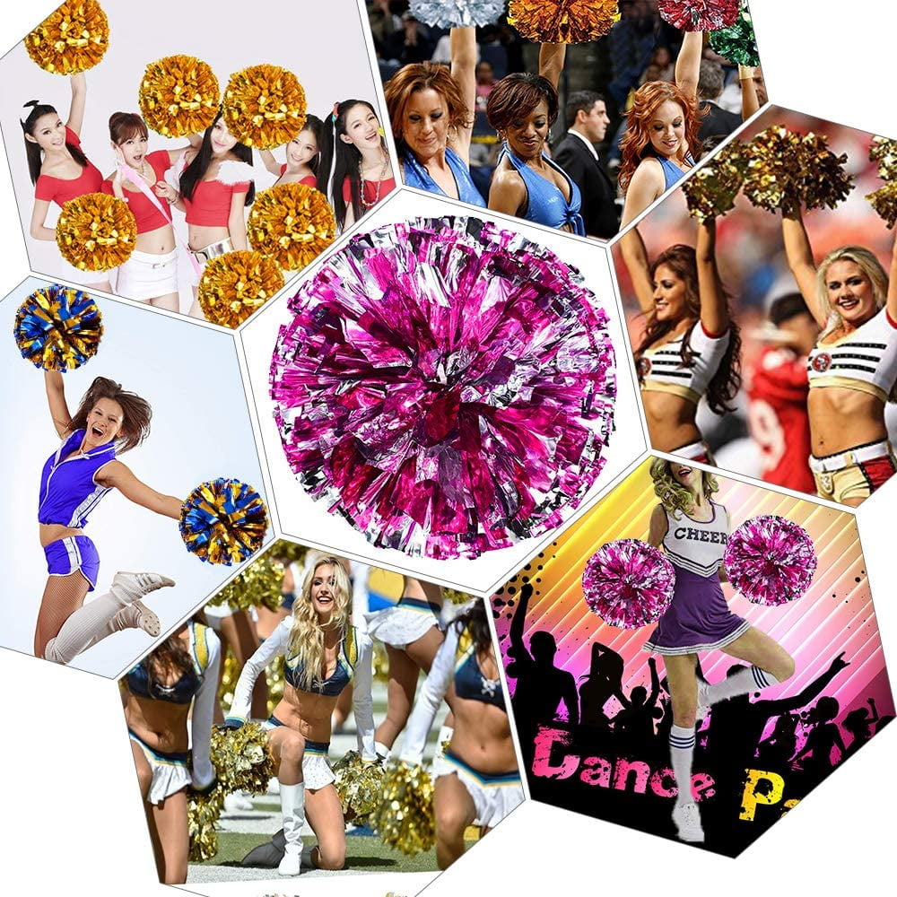 LINLIN 4Pcs Metallic Foil Cheerleading Pom Poms, Premium Cheerleader Pompoms Kit, Cheering Hand Flowers for Sports Cheers Ball Game Dance Fancy Dress Night Party - 6 Inches