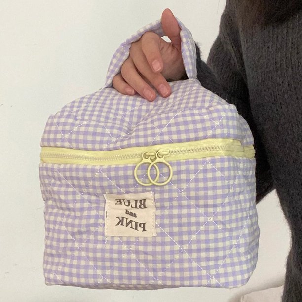 Bolsa de maquillaje a cuadros para mujer, bolsa de aseo de viaje de tela suave de algodón de gran capacidad