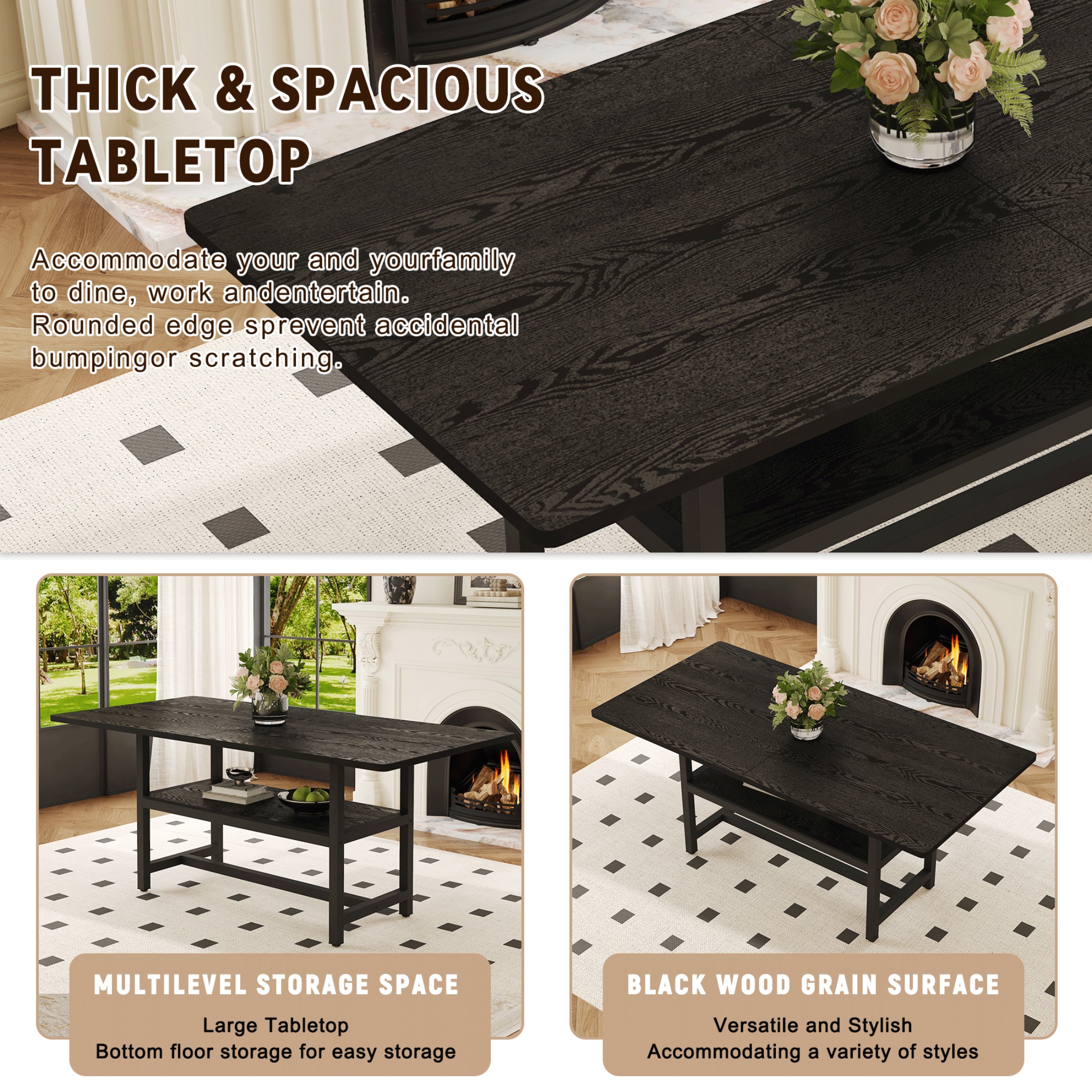 71" Dining Table, Minimalist Kitchen Table for 4-6, MDF Dinner Table with Metal Legs, for Kitchen, Dining Room, Black