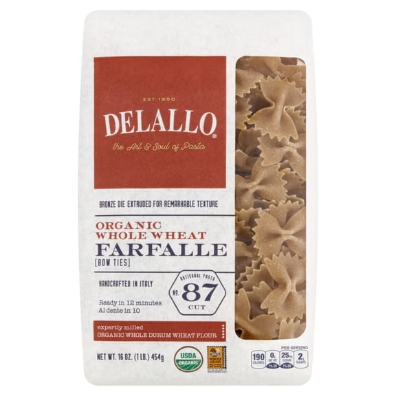 DeLallo Organic Whole Wheat Farfalle, Bow Ties Pasta, 1lb Bag, 8-Pack