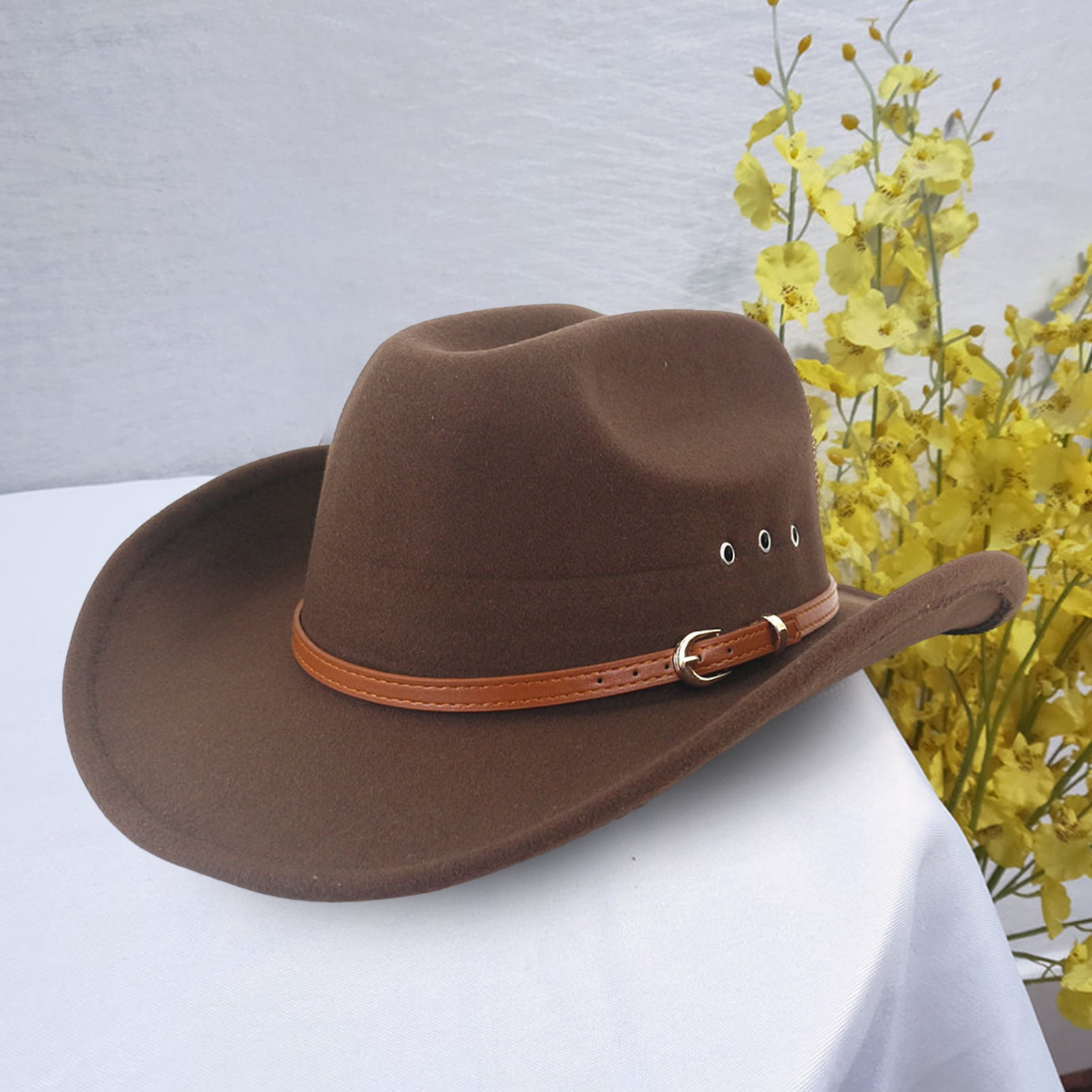 rygai Ethnic Style Wide Brim Hemming Faux Leather Belt Decor Jazz Hat Western Cowboy Cowgirl Fedora Hat Fashion Accessories,Khaki