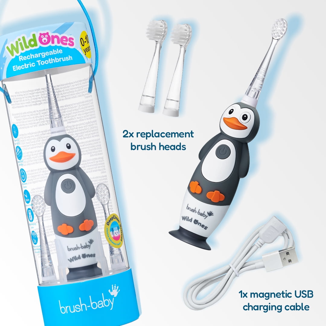 Brush-Baby WildOnes Kids Electric Toothbrush, Penguin Design, 2-Min Timer, 3 Brush Heads, Soft Bristles, Ages 0-10