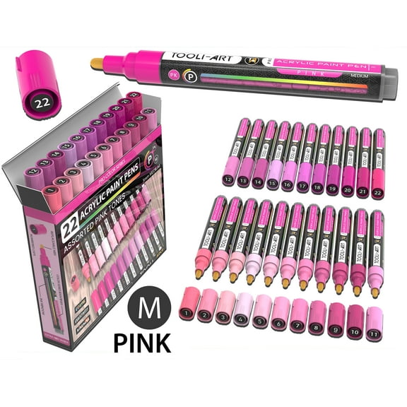 22 Acrylic Paint Pens (PINKS) Pro Color Series Set (3mm MEDIUM)