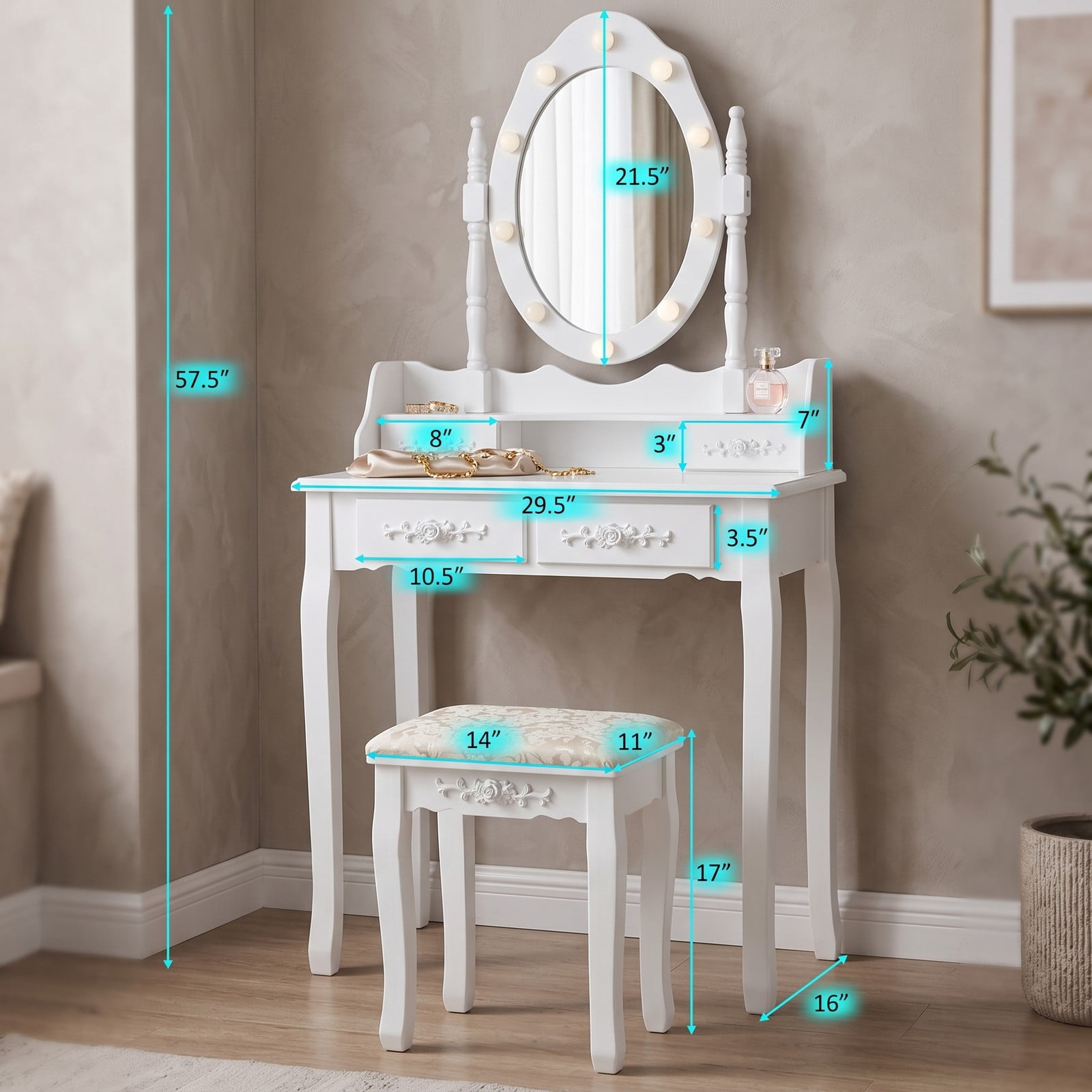 Furnibear Makeup Vanity Table Set with Dimmable Lighted Mirror 4 Drawers Cushioned Stool Wood Legs for Bedroom, White