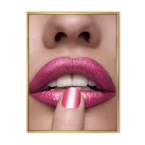 Designart 'Pink Female Lips With Finger On Mouth' Modern Framed Canvas Wall Art Print