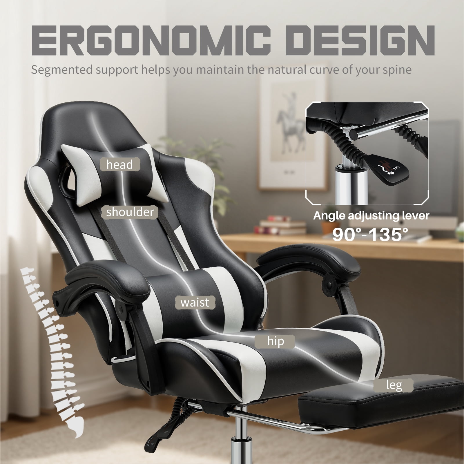 MCQ Computer Chair, Home Office Chair with Footrest and Lumbar Support for Office, Game Room, Black and White