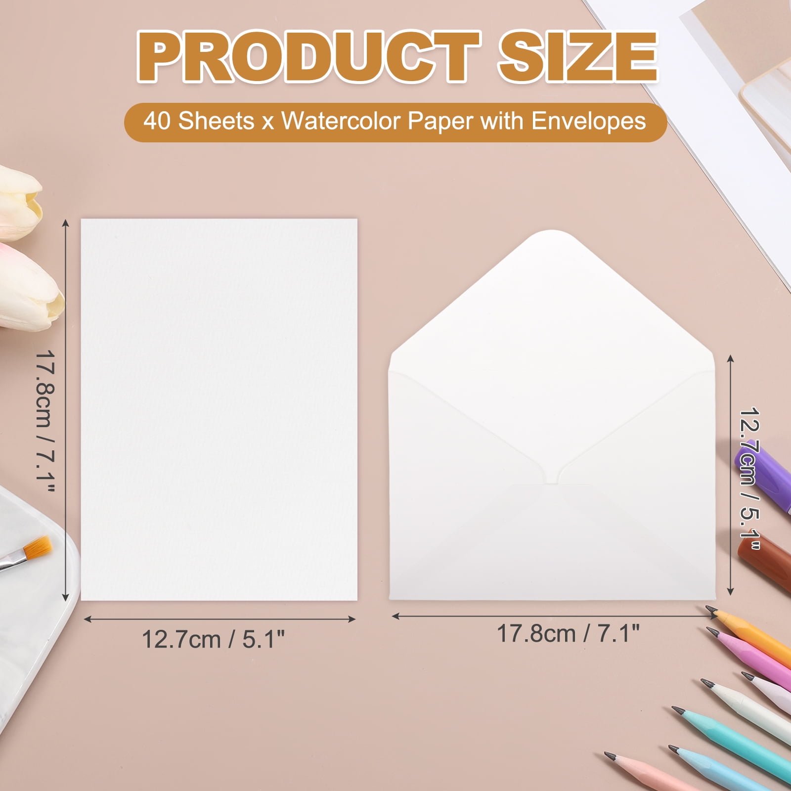 Uxcell 40 Set Watercolor Paper with Envelopes 7 x 5 Inch 140lb/300gsm Artist Painting Drawing Paper Cold Press Water Color Sheet for Sketchbook Journal (Straight Corner)