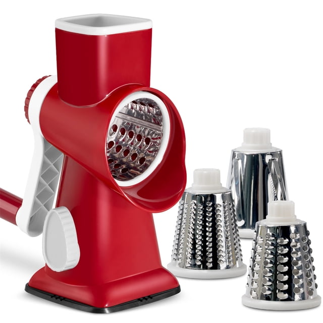 Cortador de Verduras Manual con 3 Tambores Intercambiables: Herramienta de Cocina Multifuncional para Rebanar y Rallar Queso y Verduras, Diseño Compacto con Base de Succión.