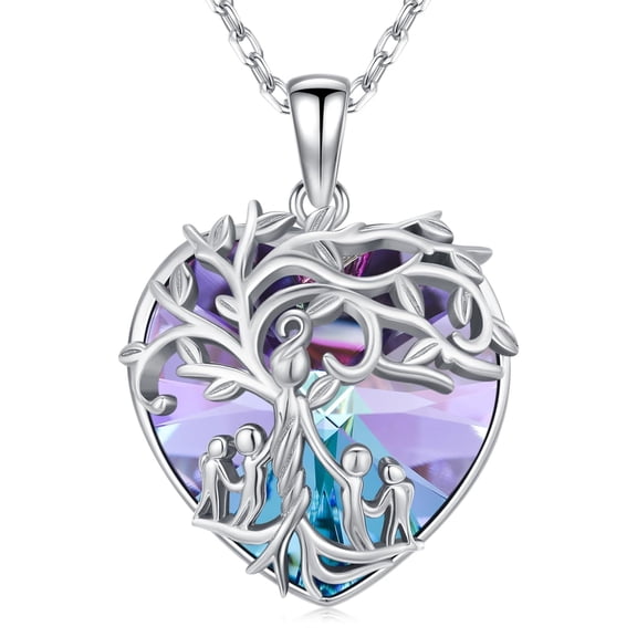 Coachuhhar Tree of Life Mom Necklace 925 Sterling Silver Nana Grandma Pendant Necklace with Heart Crystal Mother's Day Birthday Jewelry Gift for Women