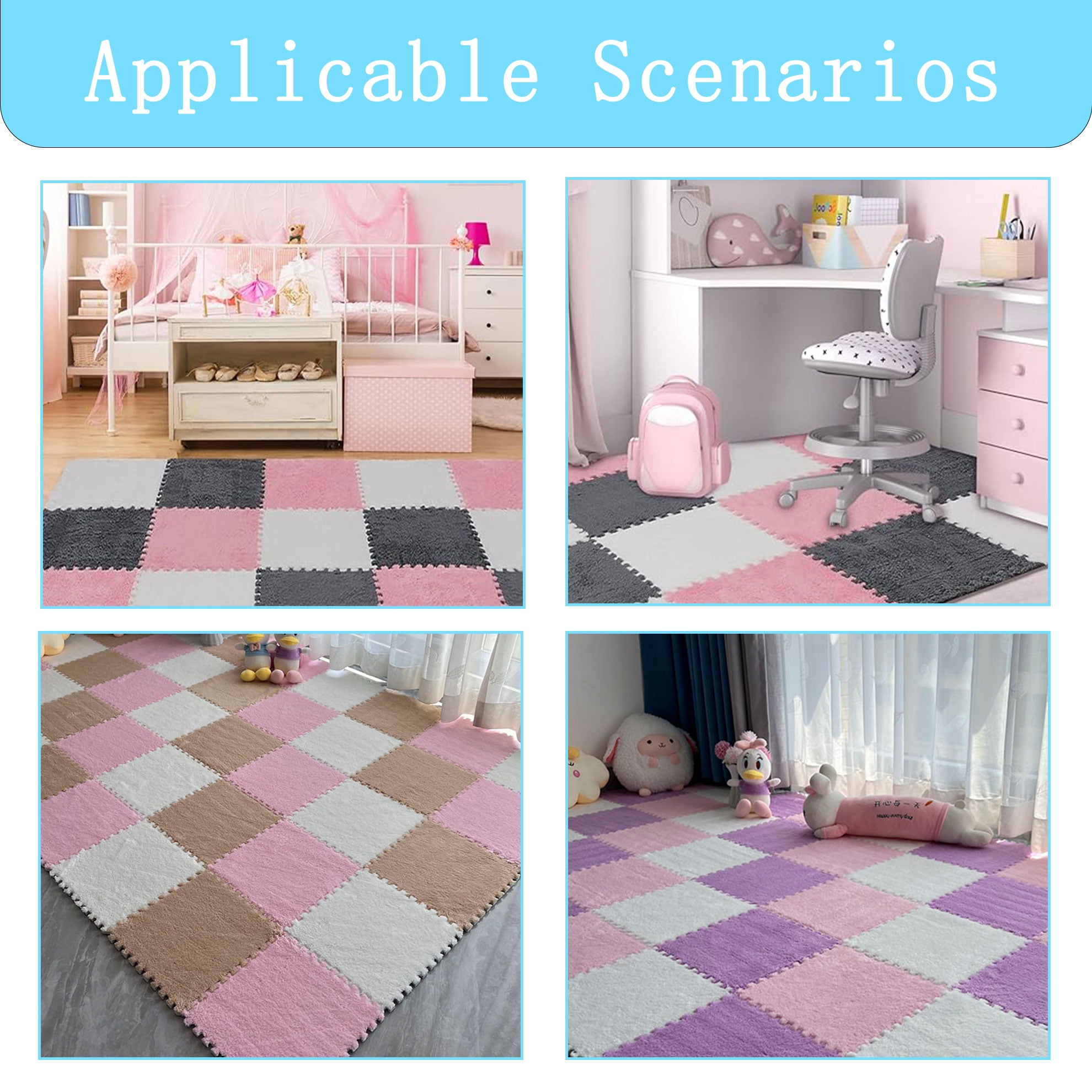 Interlocking Carpet Shaggy Soft EVA Foam Mats Fluffy Square Thickened Plush Tiles Protective Floor Tiles Exercise Play Mat for Children Kids Room Home Parlor Bedroom (Pink, 12 Pcs)