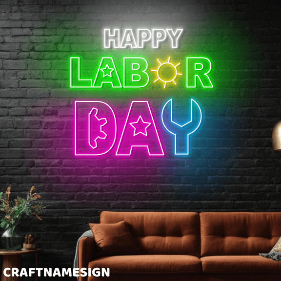 Craftnamesign Happy Labor Day Neon Sign, Labor Wall Art, Celebration Wall Decor